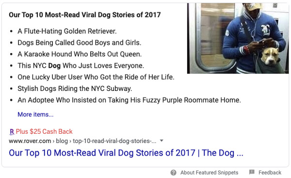 An example search result from Google showing a featured snippet