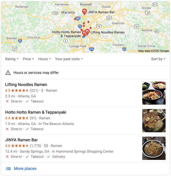 An example search result from Google showing a local pack