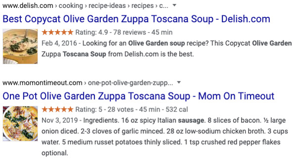 An example search result from Google showing a rich snippet