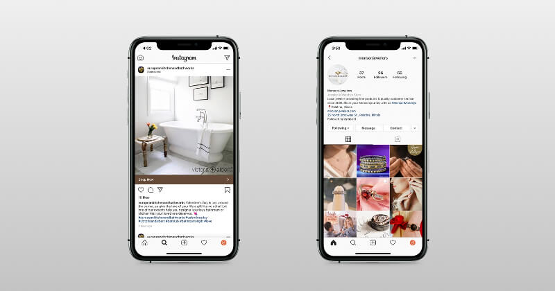 Two mobile phones showing an example instagram listing