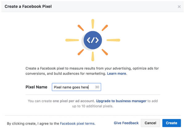 facebook ads manager screen to add a name to your pixel